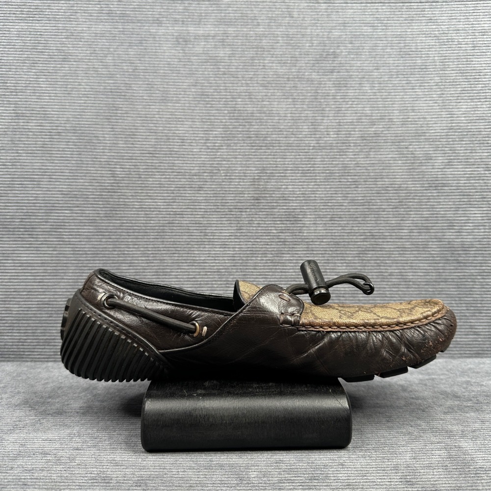 Gucci Mens Brown Leather GG Supreme Monogram Toggle Driving Loafers